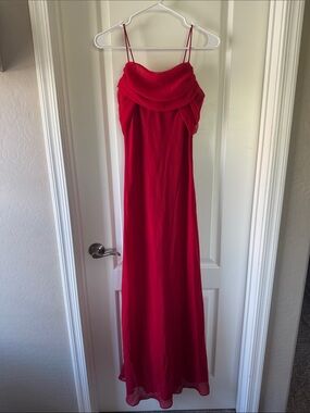 Fiesta Red Spaghetti-Strap Maxi Dress with Draped Cowl / J37